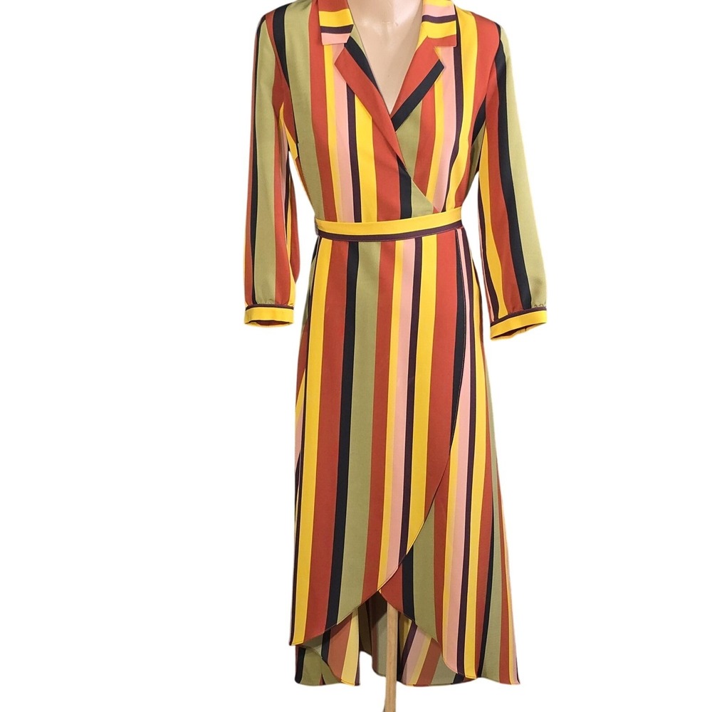 MADISON Striped Wrap Shirt Dress Womens Medium Midi Belted 3/4 Sleeve Multicolor - Picture 2 of 9
